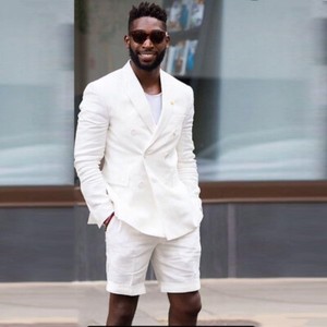 Details About Beach Wedding Short Suits For Men White Linen Groom Suit Double Breasted Tuxedos