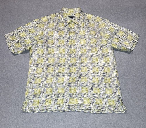 Jhane Barnes Shirt Mens Medium Green/Black Geometric 100% Silk Soft