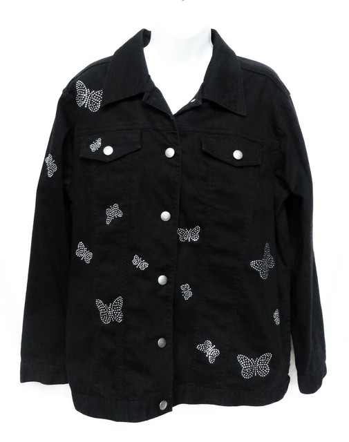QUACKER FACTORY Womens Black Butterfly Butterflies Stretch Jean Jacket Coat S eBay