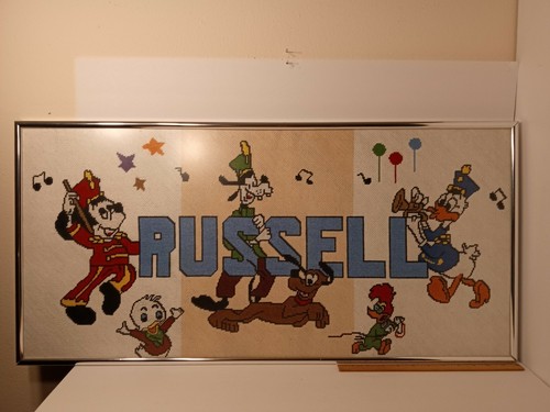RUSSELL Baby Name Plate Framed Needlepoint Art With Disney Characters 32"x 16" 