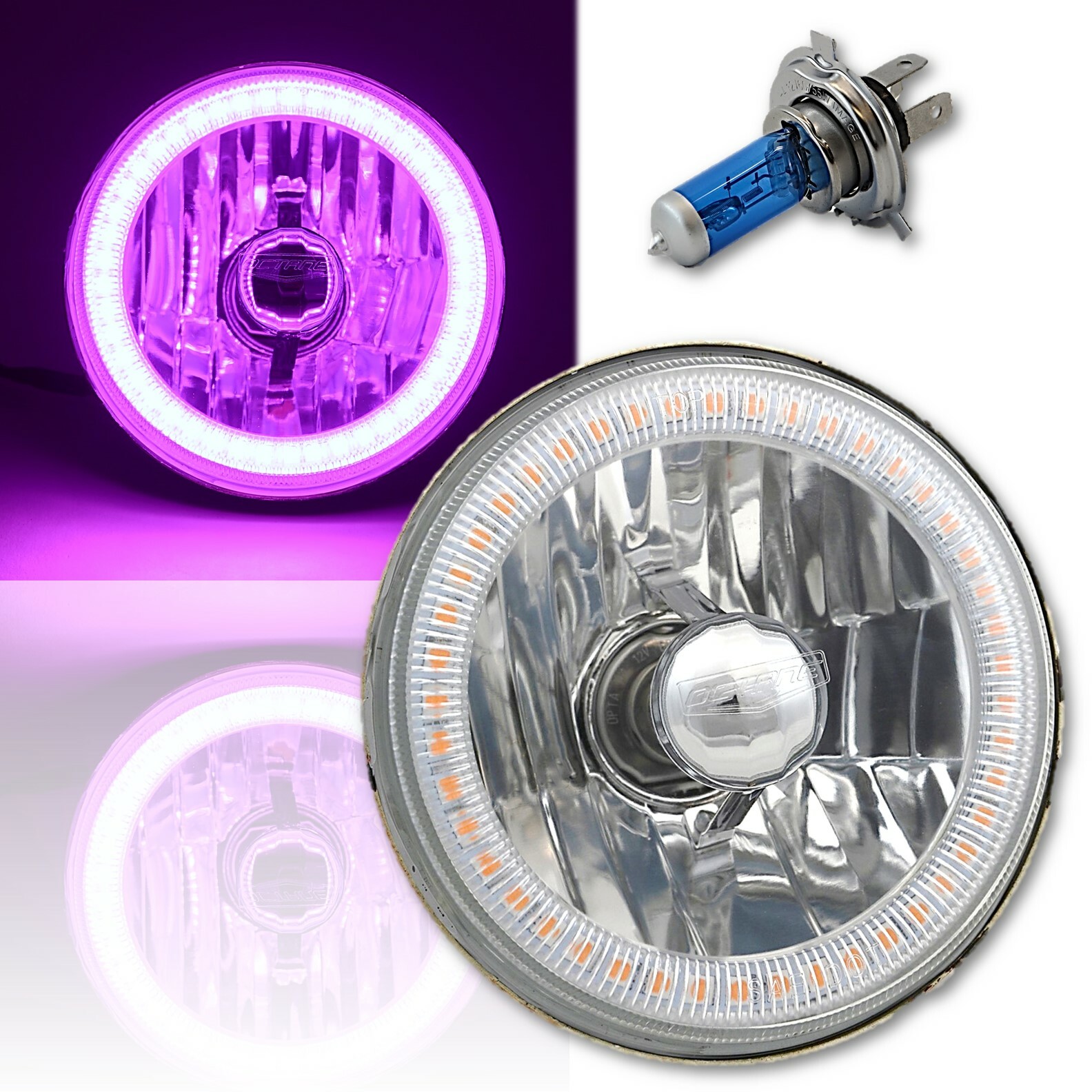 53/4" Motorcycle Headlight Purple LED SMD Halo Angel Eye Ring H4 Halogen Bulb