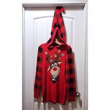 No Boundaries Red Reindeer Hoodie Christmas Sweater Size M 7-9 Plaid Hooded