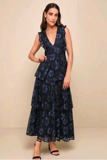 Lulus Floral Lace Tiered Maxi Gown Women’s XL Navy Black Formal Dress Molinetto