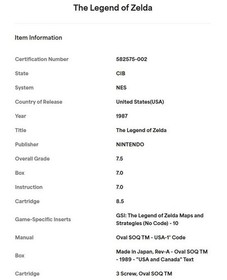 The Legend of Zelda Nintendo NES COMPLETO - WATA PSA 7.5 - C&Oacute;DIGO ESTRELLA - RARO