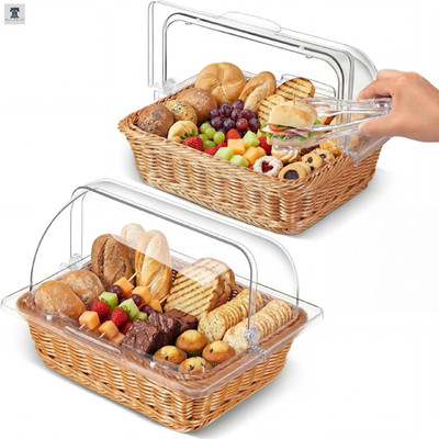 Ziliny 2 Set Wicker Bread Baskets For Serving Clear Acrylic Roll Top Lid Woven