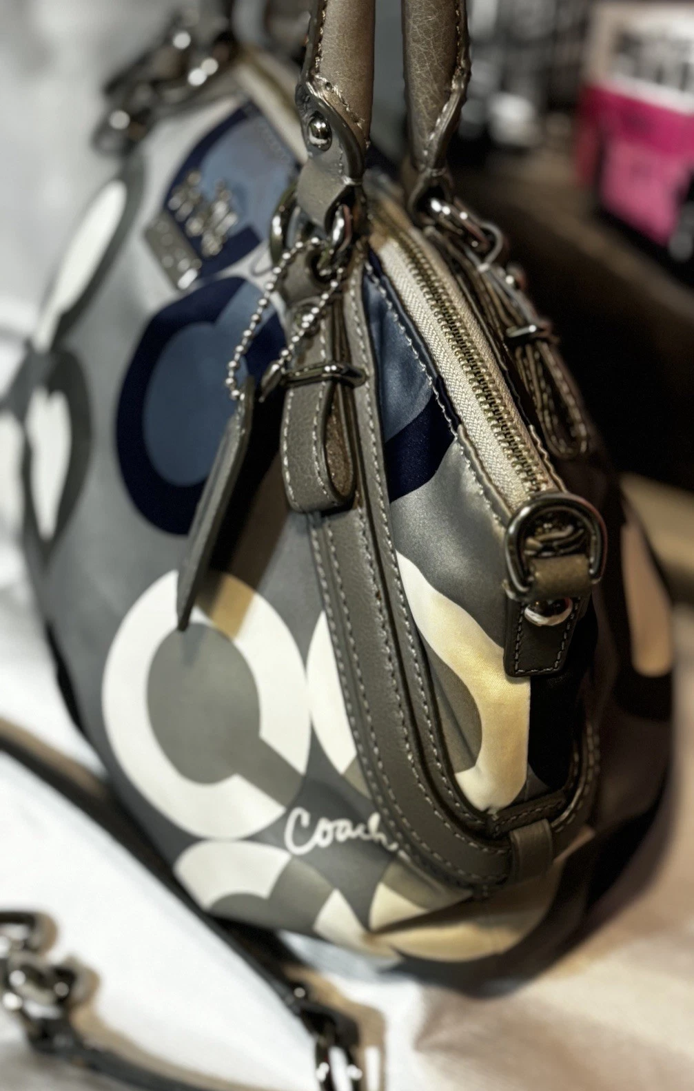 Borsa Coach Madison Sophia Clover Logo • Raso e Pelle Grigio Blu 15946 Us intime Ottimeioni