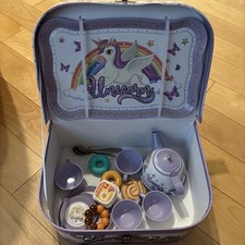 Purple Unicorn Tea Set for Girls Pretend Play Kitchen Set with Carrying Case