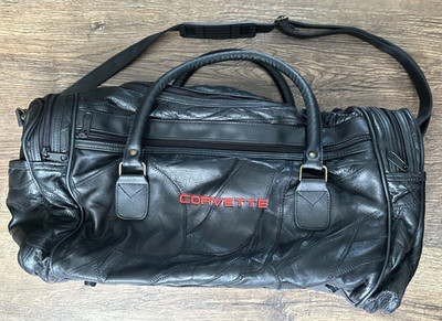 Vintage CORVETTE Black Genuine Leather Duffle Bag Gym Carry-On W/ Shoulder Strap