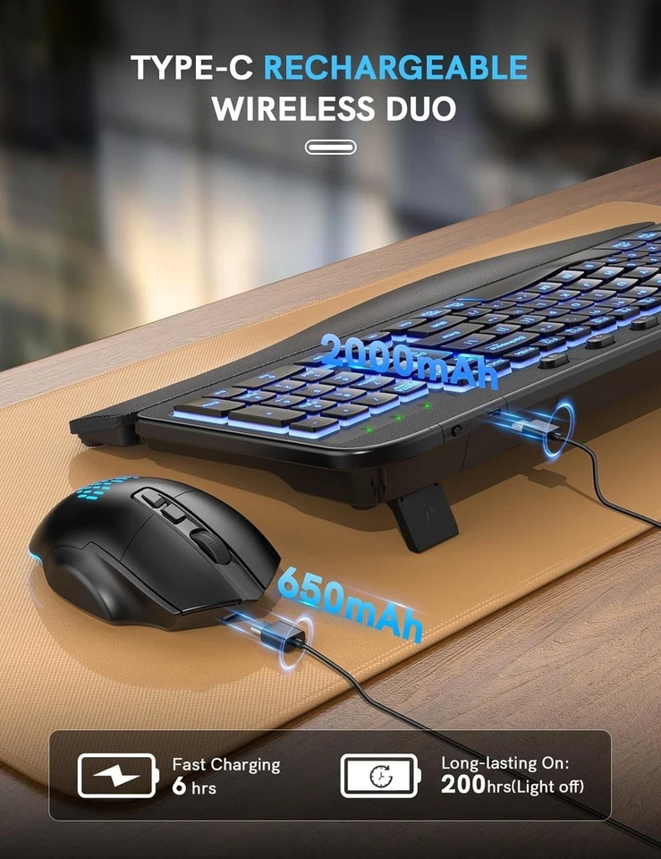 Ergonomic Wireless Keyboard Mouse Combo RGB Wrist Rest Quiet Click MA12 Pro - Image 4 of 4