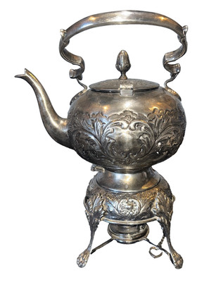 Antique Silver Plated Tea Kettle Teapot Pot on Stand w/ Burner Pin Tilting Claw