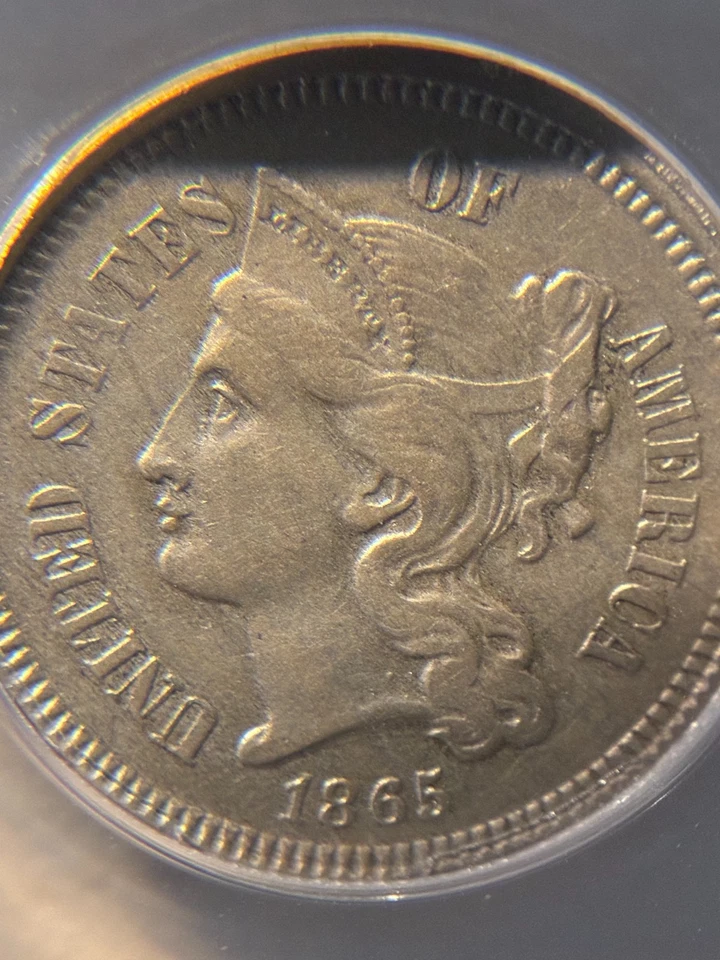 1865 3-Cent Nickel, ANACS EF-45, Clashed Dies! - Image 3 of 4