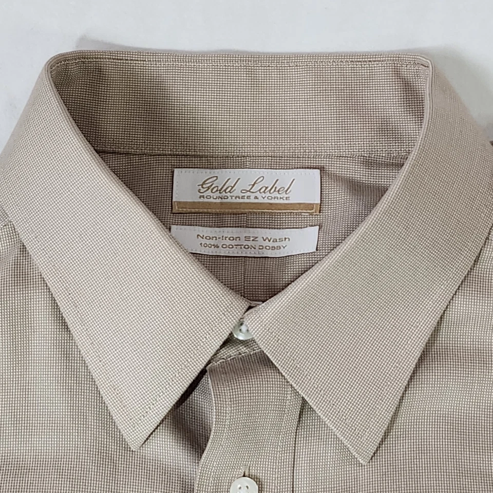 Camisa para hombre Roundtree & Yorke Gold Label 171/2 35 bronceada sin planchar lavado EZ 100 % algodón Foto 3 de 4