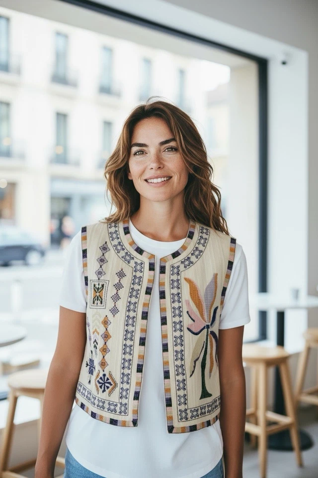 Chaleco Boho Hippie Bordado Vintage Años 60/70 Festival Estilo Occidental Talla Mediana Foto 3 de 3