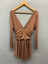 Micas Dress Women’s L Mocha Brown Deep V Neck Long Sleeve Ruched Waist Mini