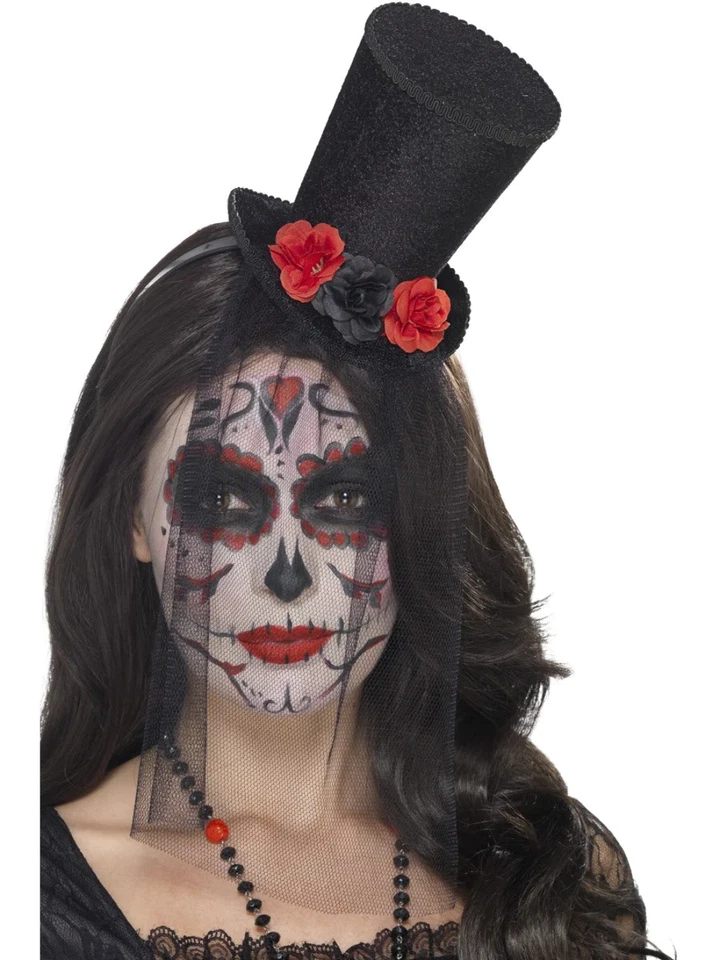 Smiffys Day Of The Dead Schwarzer Zylinderhut Damen Halloween Accessoire Velour - Bild 1 von 1