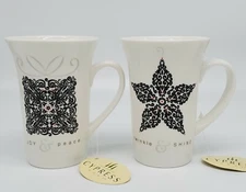 2 Cypress Coffee Cups 5" Mugs White Joy Twinkle Damask Star Celtic Large Handle