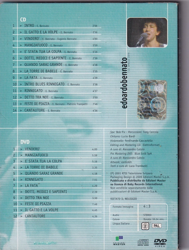 DVD I Concerti Live RTS Edoardo Bennato 11 aprile 1979 con CD - Usato - Immagine 3 di 3