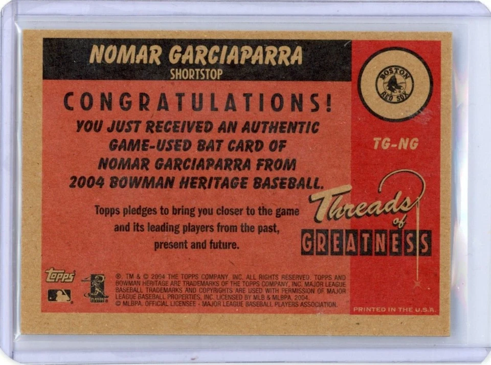 Nomar Garciaparra 2004 Bowman Heritage Threads Of Greatness Bat Relic - Image 2 of 2