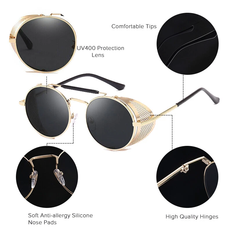 Steampunk Vintage Sunglasses Side Shield Men Women Round Metal Glasses Eyewear - Image 3 of 4