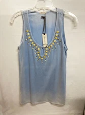 New Mod o doe Blue Tie Dye Embellished Neckline Women's Sleeveless Top Sz S