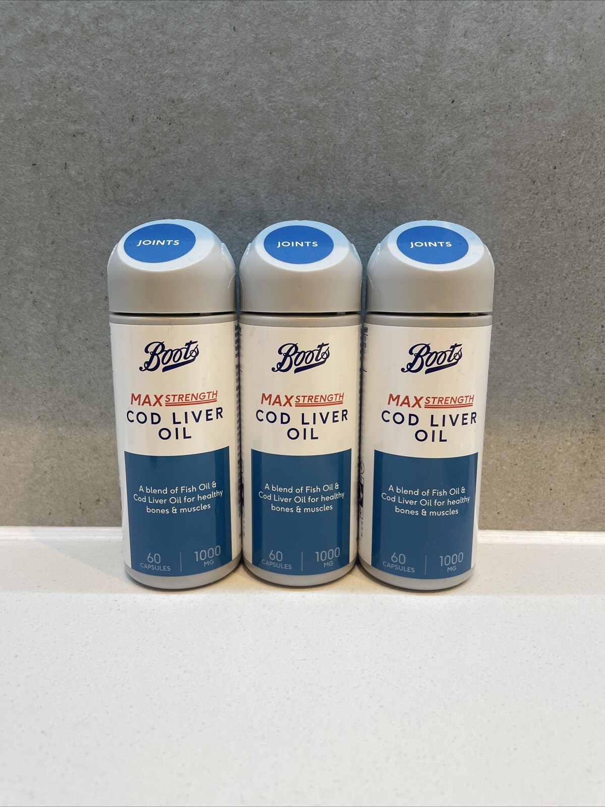 3 x Boots Max Strength Fish & Cod Liver Oil 1000mg 60 Capsules Exp: 03/2027