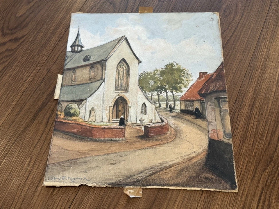 Винтажный антикварный бельгийский рисунок церкви мел/пастель с автографом Виктора Ван Мербека - Изображение 2 из 4