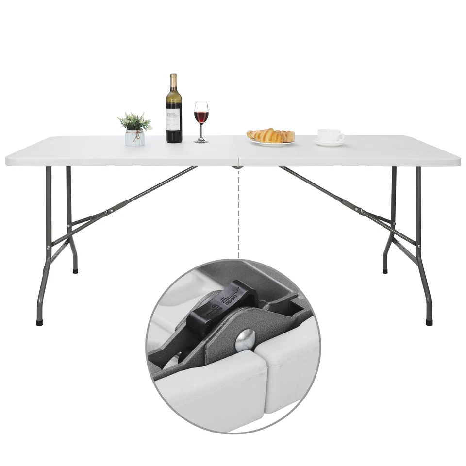6' Folding Table Plastic Fold-in-Half Picnic Party Camp Dining White Portable - Image 3 of 4