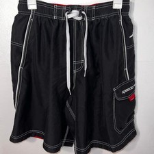 Speedo, M, black, red, white cargo board shorts, tie, mesh lined swim trunks