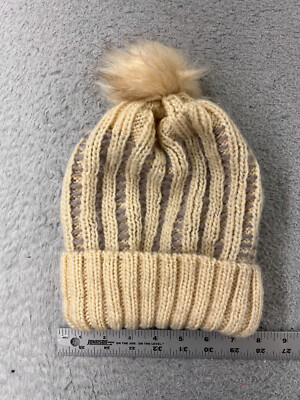 Beanie Toque Adult One Size Ivory Gray Ribbed Knit Acrylic Lined Faux Fur Pom