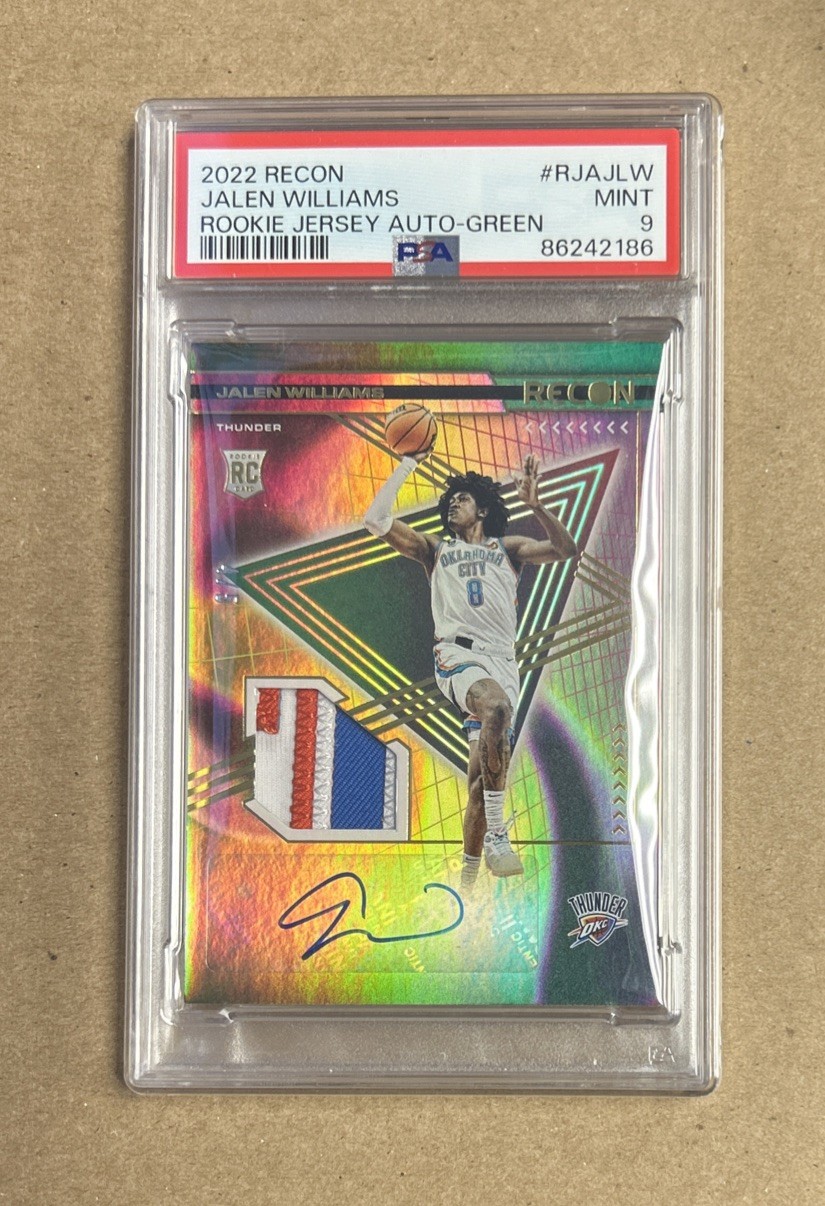 2022-23 Recon Basketball Jalen Williams Green Rookie Auto Relic Card #d /5 PSA 9 view 2