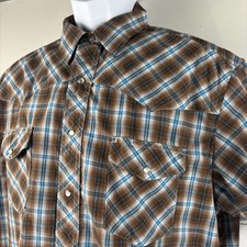 Wrangler Western Plaid Pearl Snap Shirt Men’s XL Brown Blue Short Sleeve Cowboy