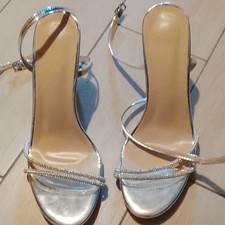 Damen Sandalen Silber Glitzer Riemchen Stilet...