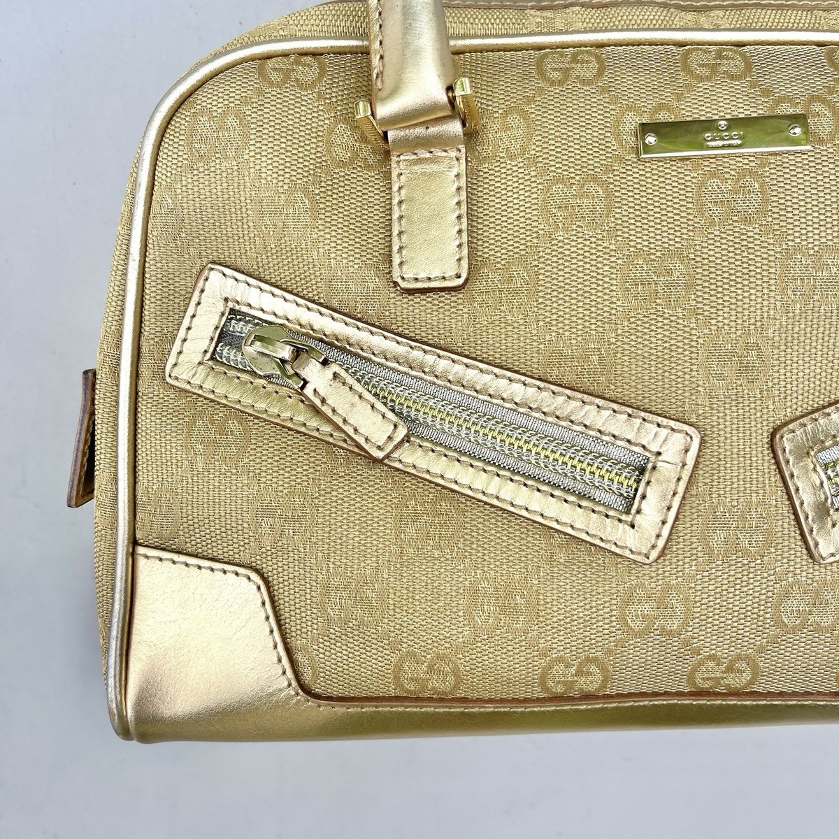 Gucci GG Canvas Handbag Bowler Satchel Tote Bag Gold Metallic Top