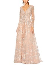 Mac Duggal Embellished Wrap Over Illusion Long Sleeve A Line Women's