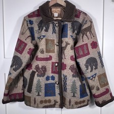 Vtg PENDLETON Wool Blend Bear Canoe Print Jacket Coat Women s Size Small Sherpa