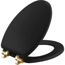 Weston Elongated Soft-Close Black Toilet Seat Brushed Gold Hinges