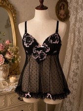 Vintage Black Sheer Polka Dot Lace Babydoll Pink Bow Mesh Lingerie M