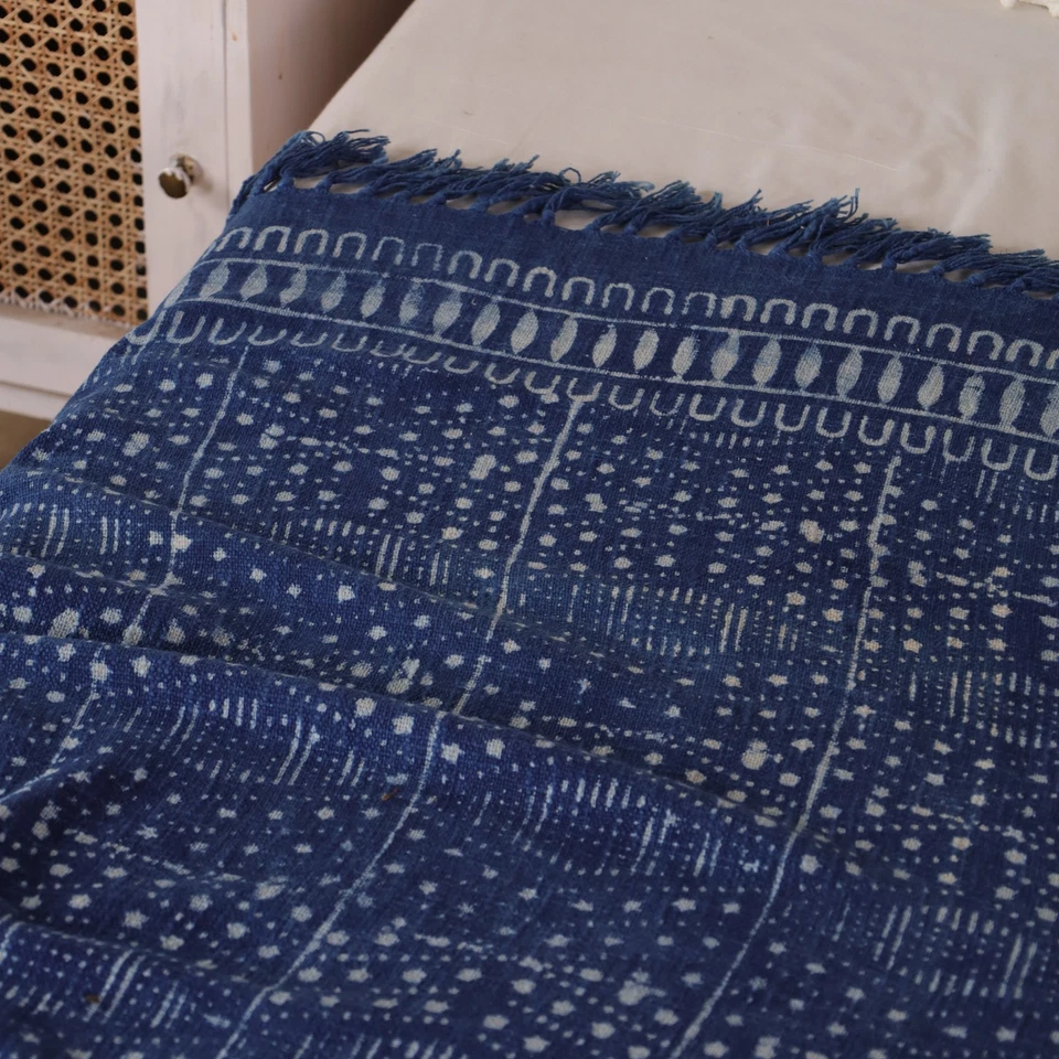 Bohemian Indigo Blue Blanket Block Print Lightweight Cotton Throw for Bed Sofa - Image 4 of 4