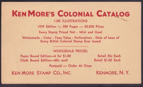 Ken Moore's Colonial Postage Stamp Catalog Kenmore NY postcard 1939
