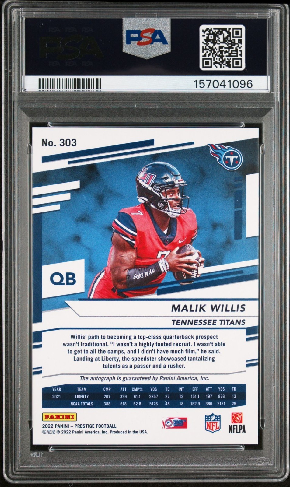 2022 Panini Prestige MALIK WILLIS Rookie Auto /25 PSA 10 PINK Xtra Points #303 view 2