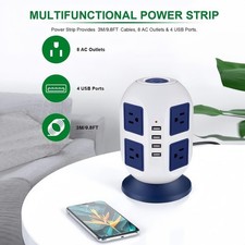 9.8FT Long Cord Power Strip 8 AC 4 USB Ports US Plug Surge Protector Tower