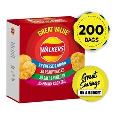 Walkers Crisps Salted Vinegar Prawn Multipack Snack Bundle 200x25g