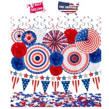 4th of July Patriotic Decorations Set 29PCS Red White Blue Paper Fans Pom Pom...