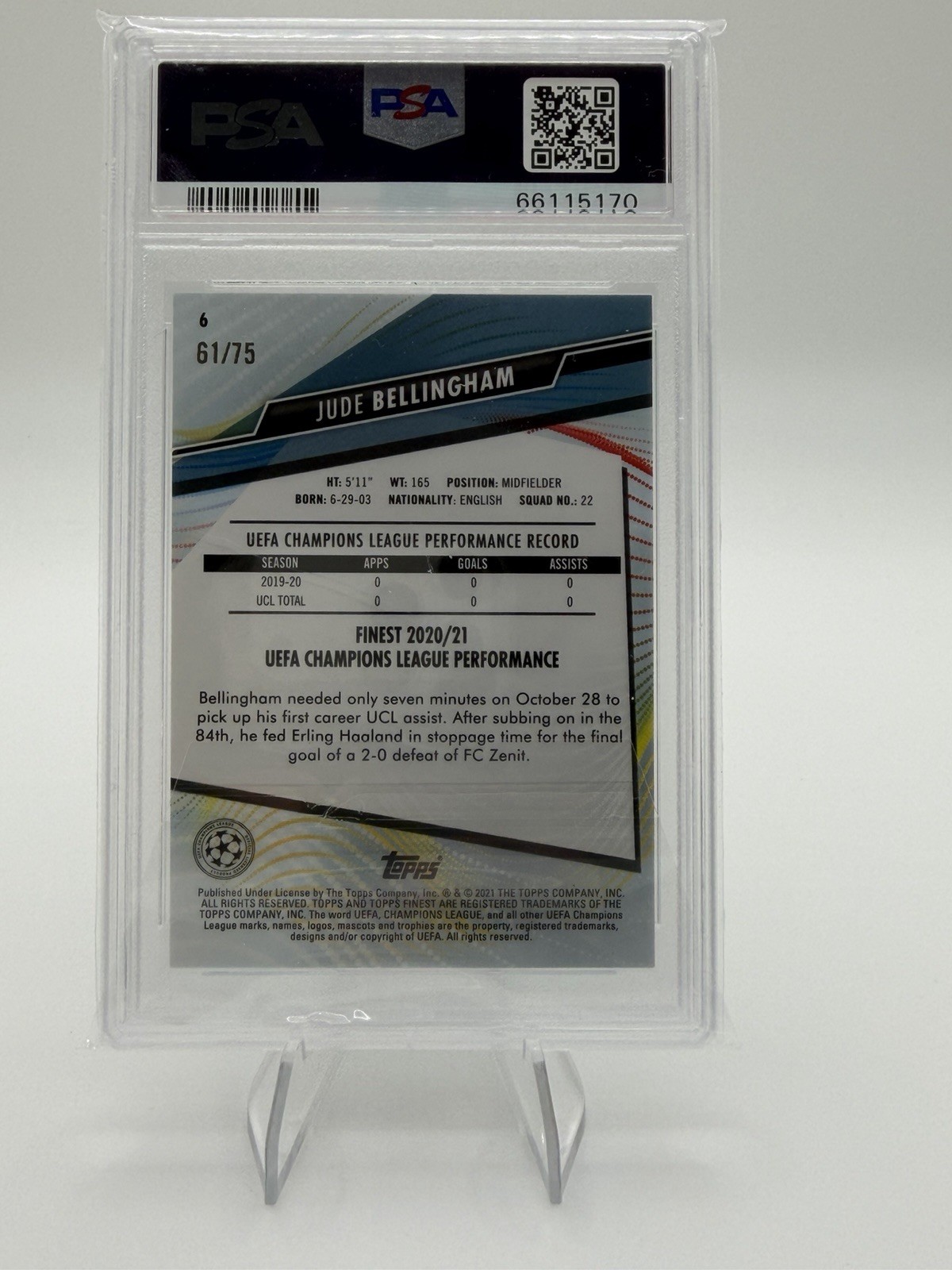 Jude Bellingham 2020 Topps Finest UCL Aqua Refractor /75 PSA 10 #6 Rookie RC view 2