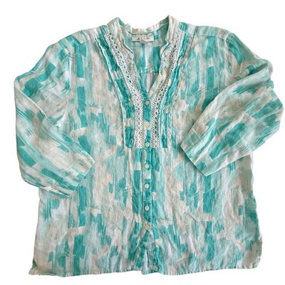 JM Collection Womens 100% Linen Teal Abstract Eyelet Lace Trim Blouse Size 18