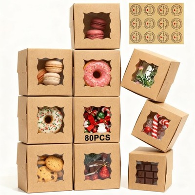 80 Pack Cookie Boxes with Window, 4x4x2.5 Inch Kraft Bakery Boxes for Treats,...