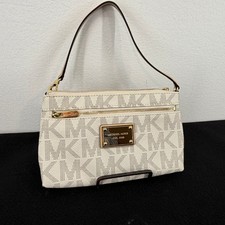 Michael Kors Signature Logo Wristlet Pouch Clutch Cream Off White Gold Tone