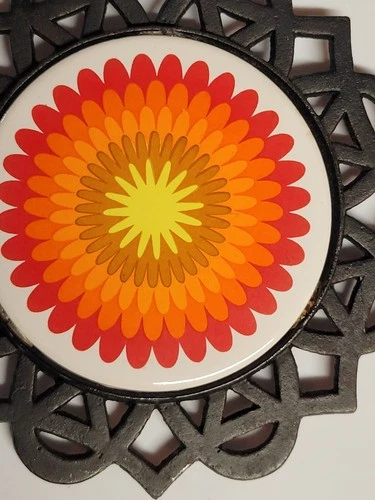 vintage 1970s psychedelic floral cast iron trivet and hot pad image 13