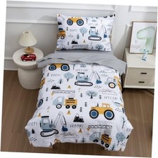 4 Pieces Construction Bedding Set for Baby Boys,Tree Truck Toddler Grey Blue