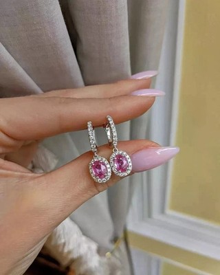 4.00 Ct Oval Natural Pink Sapphire & Diamond Lovely Earring Stud 14K White Gold